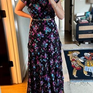 Shoshanna Loretta Tiered Black and Purple Floral Ruffle Maxi Dress